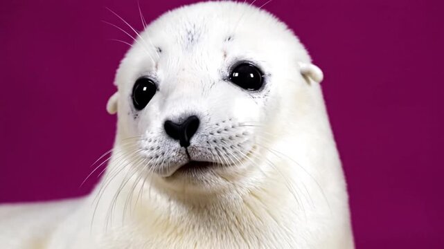 Cute white seal pup looking at camera against purple background.