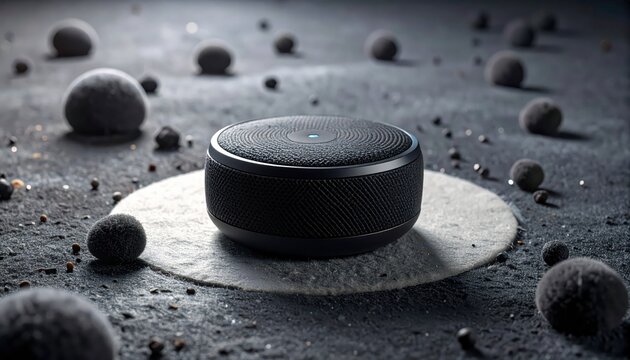 Black smart speaker on a plate.