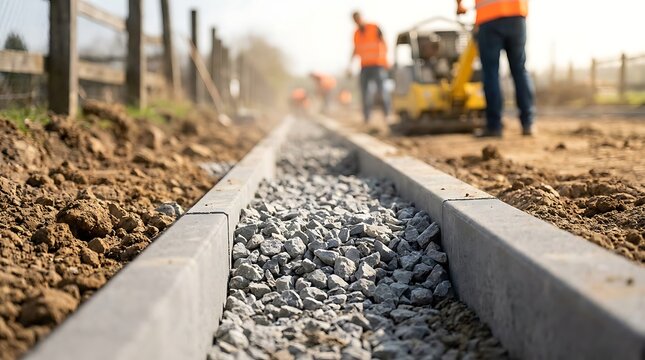 Construction workers laying curb and gravel for new road infrastructure project with small excavator in background on sunny day.
