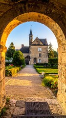 Naklejka premium View through an archway of a European historic stone building