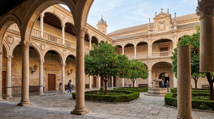 Obraz premium Historic University Courtyard with Arches and Trees