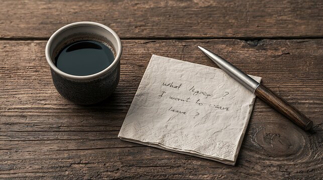A handwritten note on a napkin with a cup of coffee and a pen