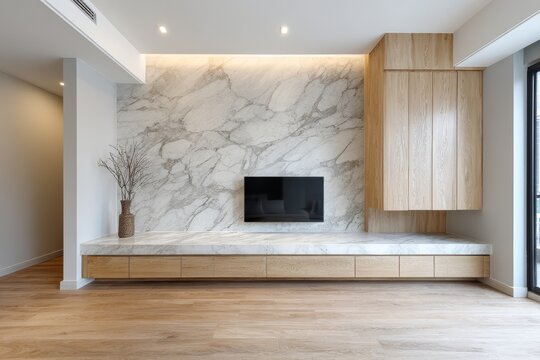 Contemporary living room with marble accent wall and wood cabinetry.