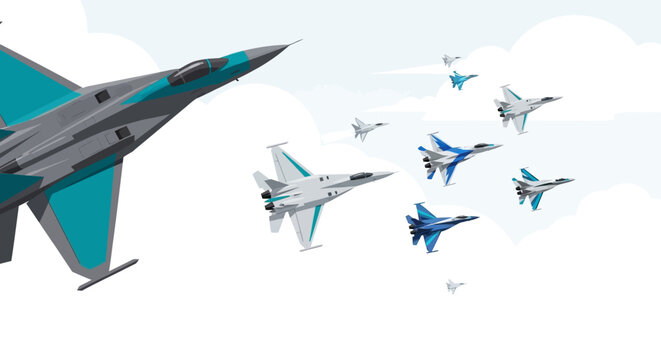 Military Fighter Jet Squadron Flying in Formation Vector Illustration