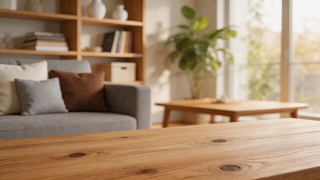 Warm cozy living room interior with blurred sofa cushions bookshelf plant coffee table near large window natural sunlight creating peaceful home atmosphere perfect for relaxation
