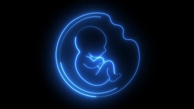 glowing neon Fetus in womb silhouette icon isolated on black background. symbolizing pregnancy medical symbol, embryo newborn life and growth. 4k video animation.