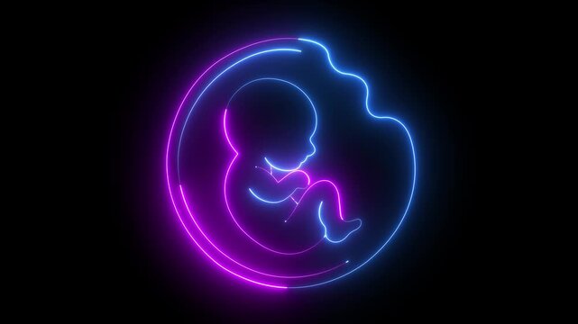 glowing neon Fetus in womb silhouette icon isolated on black background. symbolizing pregnancy medical symbol, embryo newborn life and growth. 4k video animation.