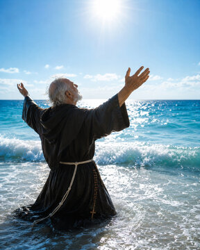 Monk raising his arms in prayer at the shoreline