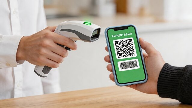Contactless payment with smartphone QR code scanning. Customer paying bill using mobile wallet app at store counter. Digital transaction and cashless shopping technology concept.
