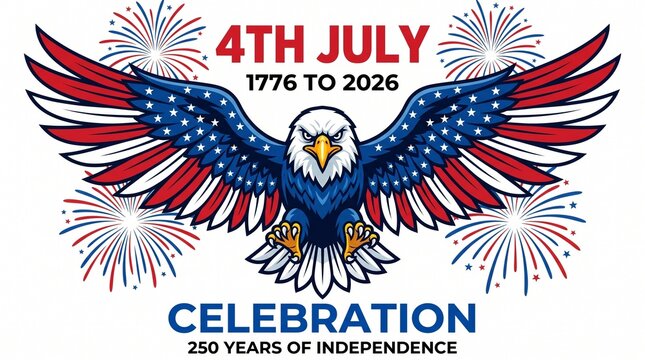 American bald eagle with wings spread in usa flag colors celebrating 250 years of independence july 4th 1776 to 2026 fireworks background