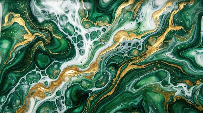 Emerald green and gold liquid marble background, luxury abstract fluid acrylic painting, elegant malachite texture for premium branding