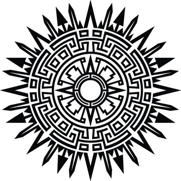 Geometric Sunburst Emblem Icon with Black Tribal Patterns and Ornamental Circular Rings for Decorative Vector Design