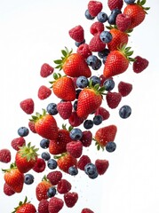 Obraz premium Fresh Mixed Berries Flying and Falling Motion on White Background