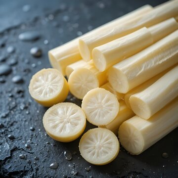 Fresh raw hearts of palm stalks on dark stone background