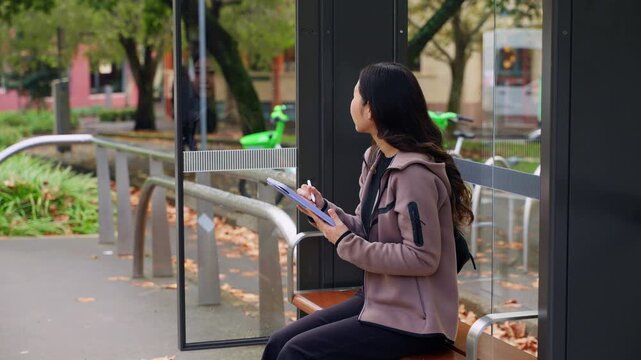 A creative Asian woman uses a digital tablet and stylus at an outdoor transit stop, highlighting freelance design work and a digital nomad lifestyle