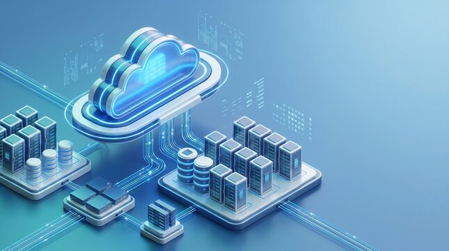 Isometric Cloud Computing Infrastructure with Servers, Database and Enterprise Network