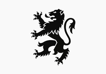 Obraz premium Heraldic lion rampant black silhouette vector icon isolated on white background, coat of arms lion symbol