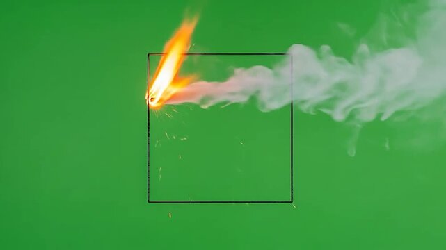 A square outline with fire and smoke emerging from its corner on a green screen