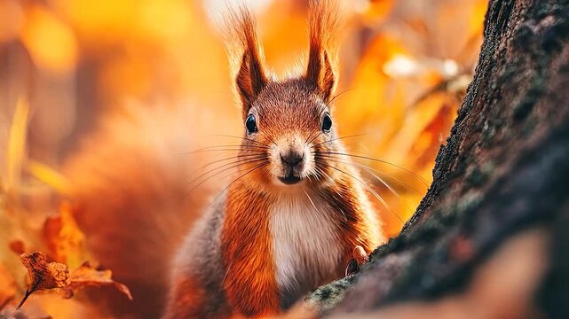 A cute red squirrel with f ears looks directly at the camera in a vibrant