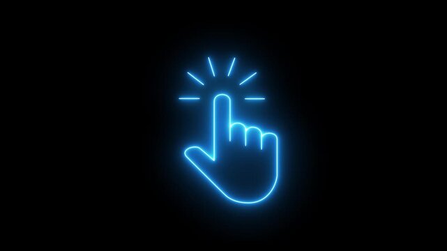 Glowing neon hand mouse cursor icon on black background. hand cursor with click and accent.Mouse pointer hand click icon.Technology interface animation.