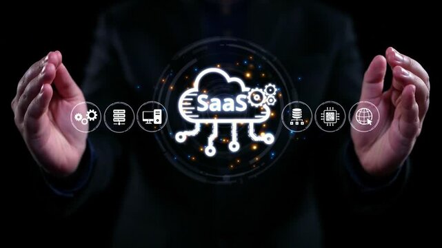 Visual representation of SaaS showing infrastructure, SaaS deployment, SaaS platform features, and SaaS integration model in digital environment. Elide
