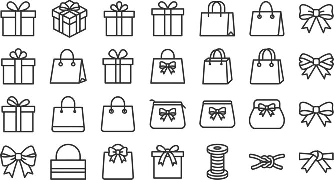 A collection of minimalist line art icons featuring gift boxes shopping bags and decorative bows perfect for e-commerce retail and holiday celebration designs