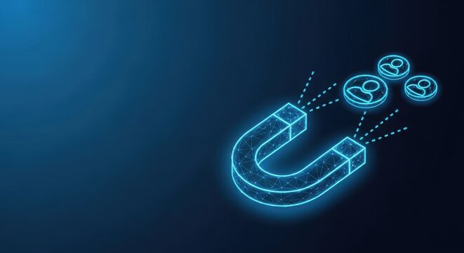Neon blue horseshoe magnet attracts glowing particles representing magnetic force and attraction in a digital abstract space.