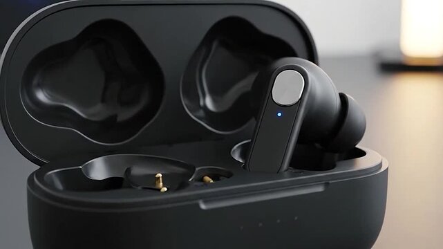 Modern black wireless earbuds charging in their sleek case on a desk.