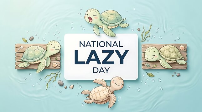 Cute cartoon sea turtles relaxing and sleeping on national lazy day celebration illustration