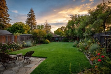 Obraz premium Golden hour backyard: lush lawn bathed in sunset light with blooming borders and cozy seating