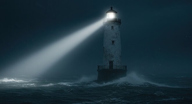 Lighthouse standing tall in stormy weather.