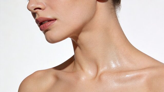 Extreme close up portrait of beautiful woman neck and collarbone with glowing healthy skin texture, natural beauty, skincare routine