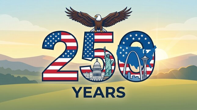 Commemorating 250 years of american independence with an eagle and patriotic symbols over a sunset landscape