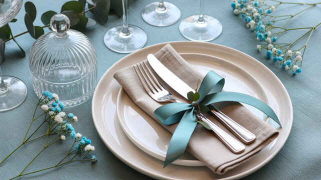 Elegant wedding table place setting with white plates and blue ribbon.