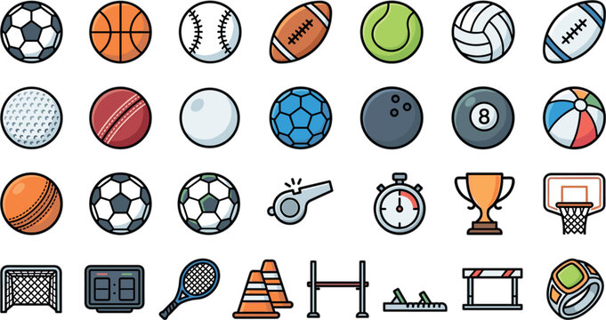 Sports Ball and Athletic Equipment Icon Set Featuring Soccer Basketball Tennis Football Trophies Scoreboards and Whistles for Tournament App DesignsSports Ball and Athletic Equipment Icon Set Featurin