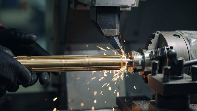 Close up of industrial lathe machine cutting metal workpiece with bright sparks flying.