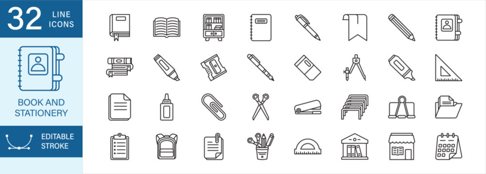 Books and stationery icon set. Contains icon symbol of open book, books stack, notebook, journal, pencil, pen, highlighter, fountain pen, eraser, marker, sharpener, ruler, protractor, scissors, glue.
