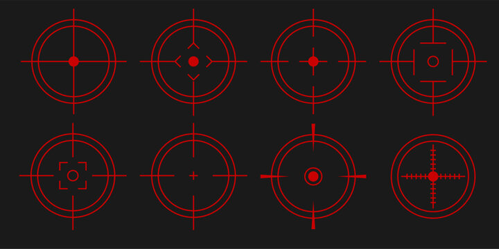Collection of red futuristic crosshair reticles. Digital aim and target icons for shooter game UI, weapon scope graphics, military HUD systems, and sci fi combat visualization.