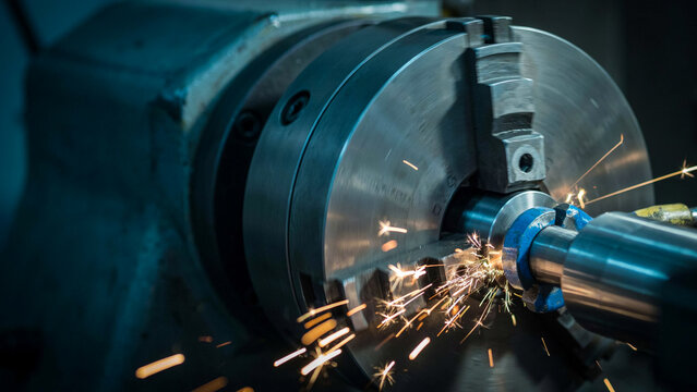 Close up of industrial lathe machine cutting metal workpiece with bright sparks flying.