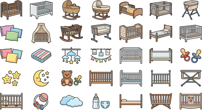 Baby Crib and Nursery Furniture Icon Set Featuring Bassinets Cots Toys Pillows Blankets and Pacifiers for Newborn Care Apparel DesignsBaby Crib and Nursery Furniture Icon Set Featuring Bassinets Cots 
