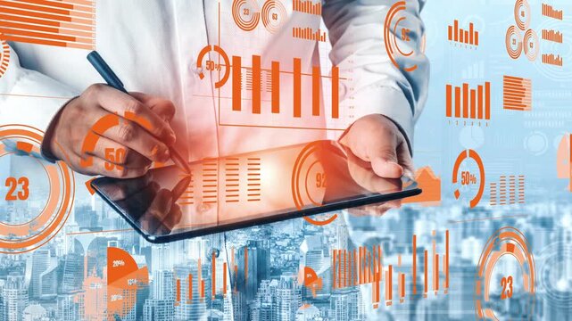 A business analyst engages with a tablet, analyzing dynamic data visualizations. The modern cityscape creates a vibrant backdrop, encapsulating the intersection of technology and finance. Xenic