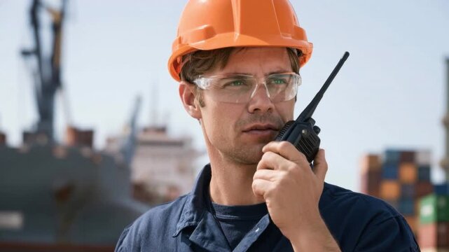 Male construction worker wearing safety helmet and glasses using walkie-talkie communication at industrial shipping port with containers in background