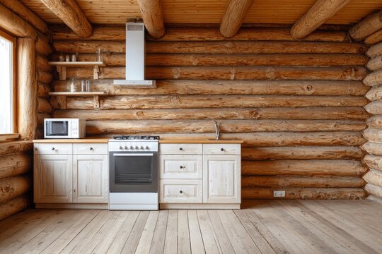 Rustic log cabin kitchen with white cabinets and appliances.