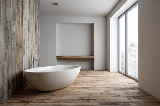 Minimalist bathroom with modern tub and rustic wood accents.