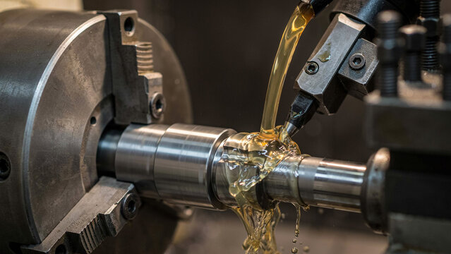 Close up of industrial lathe machine cutting steel workpiece with cooling oil fluid.