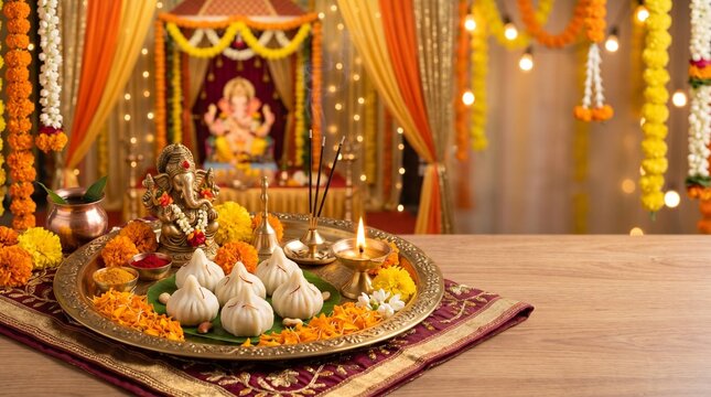 Ganesh Chaturthi, ceremonial offering tray with modak sweets, marigold petals and small brass lamps on an elegant festive background