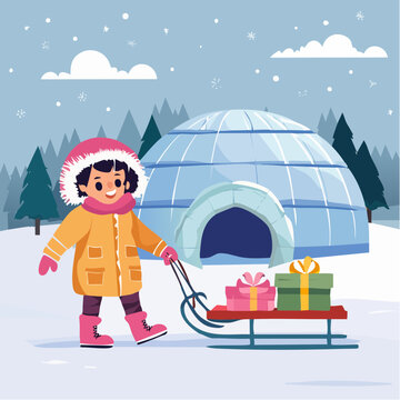 Child pulling gifts on a sled in a snowy landscape with an igloo