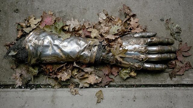 An old, ornate l gauntlet lies forgotten on the ground, covered by a scattering