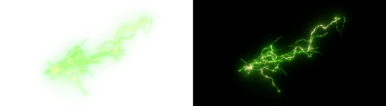 PNG image of Vibrant neon green electrical lightning bolt with intense jagged glowing energy discharge displayed as a striking isolated on transparent background