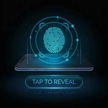 Futuristic digital fingerprint scanner interface glowing on smartphone screens with a tap to reveal button.